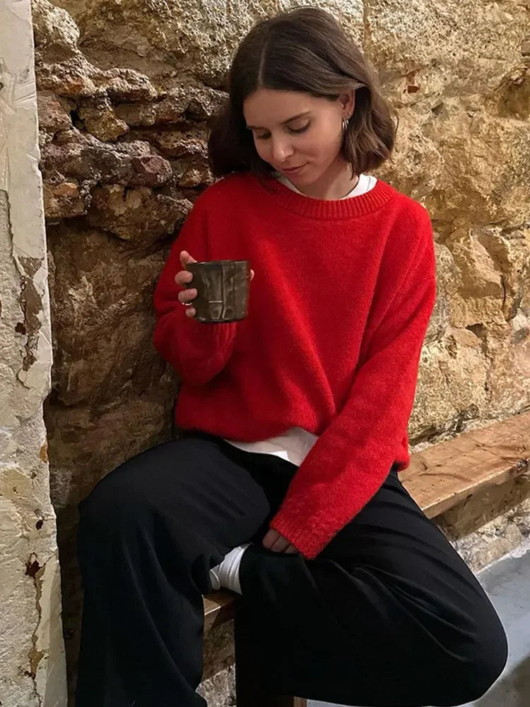 Antonella® | Elegant round neck sweater made of red cotton for women
