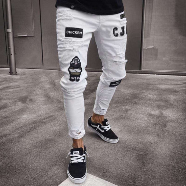 Men’s Skinny Jeans – Tapered Fit – Distressed Denim – Embroidered Patch Detail