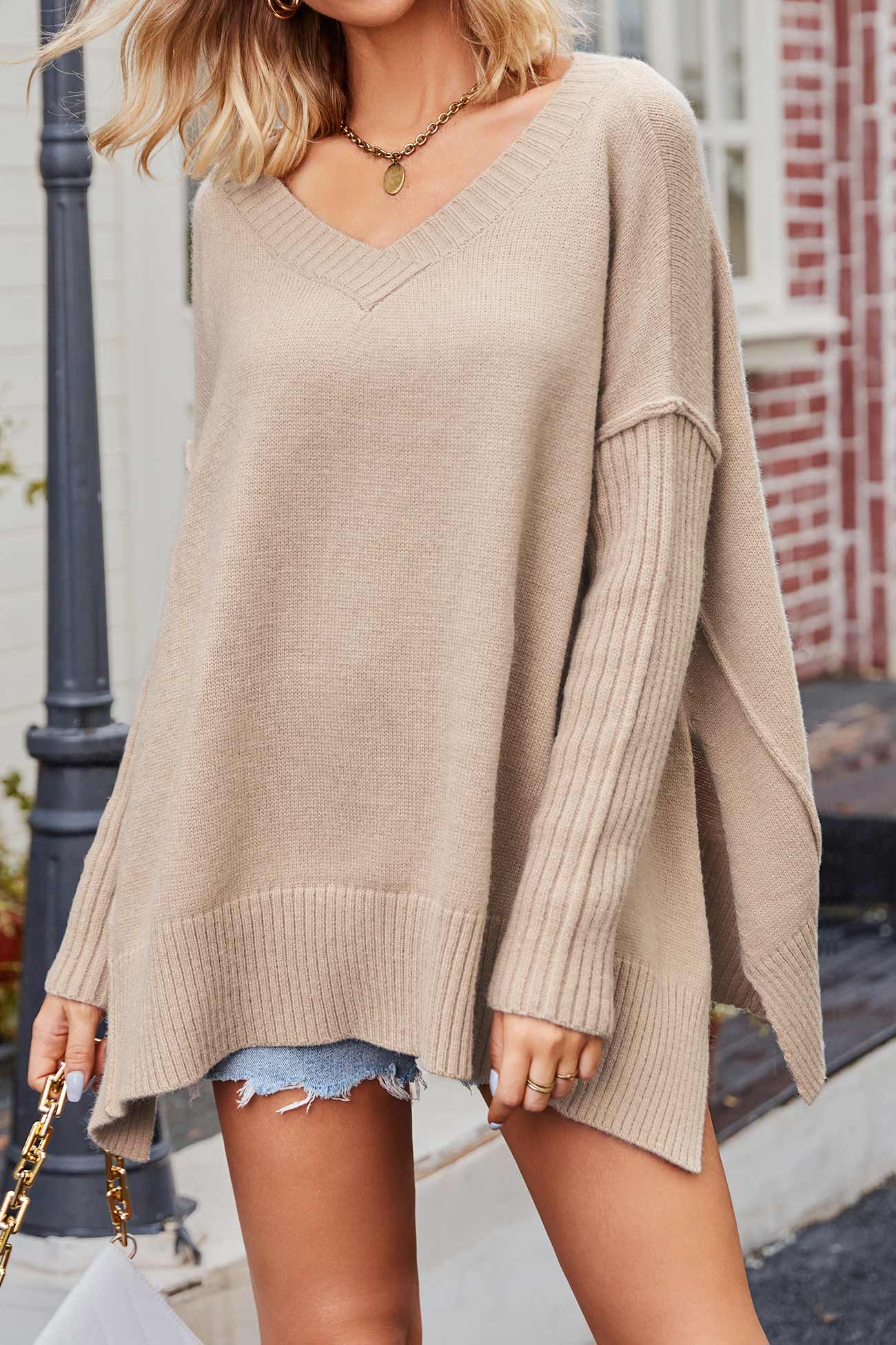 Debora® | V Neck Side Slit Loose Pullover Sweater
