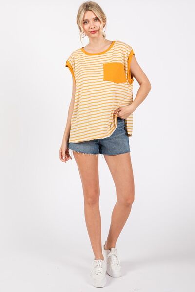 Elena® | Striped T-shirt with cap sleeves and side slit