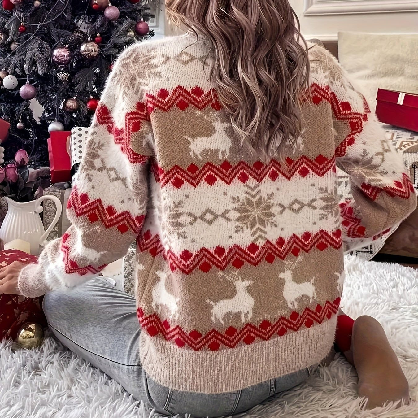 Cassandra® | Striped sweater with snowflake and reindeer print