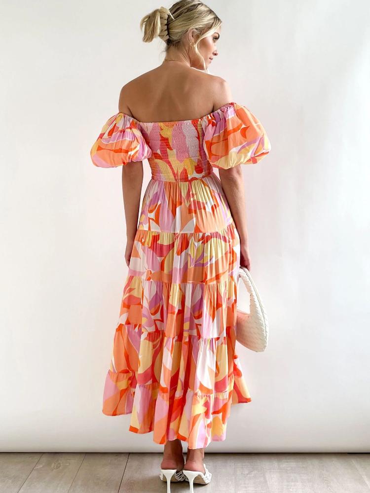 Alicia® | Printed Off-The-Shoulder Tiered Maxi Dress With Puff Sleeves