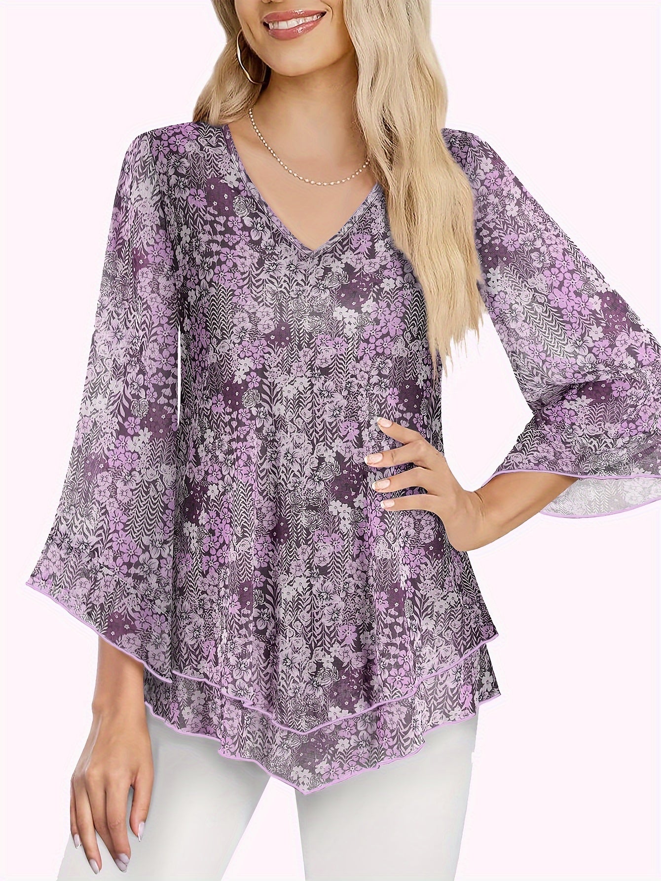 Claudia® | Chic V-Neck Ruffle Mesh Blouse