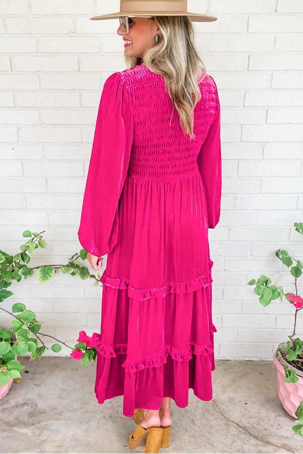 Charlie® | Ruched velvet dress with V-neck and long sleeves