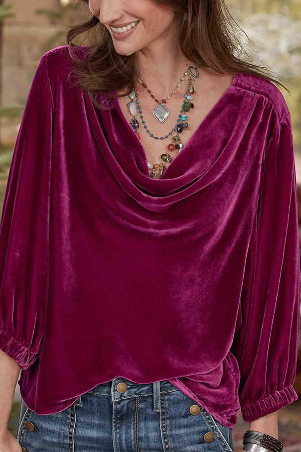 Carolina® | Solid gold velvet stacked collar pleated T-shirt