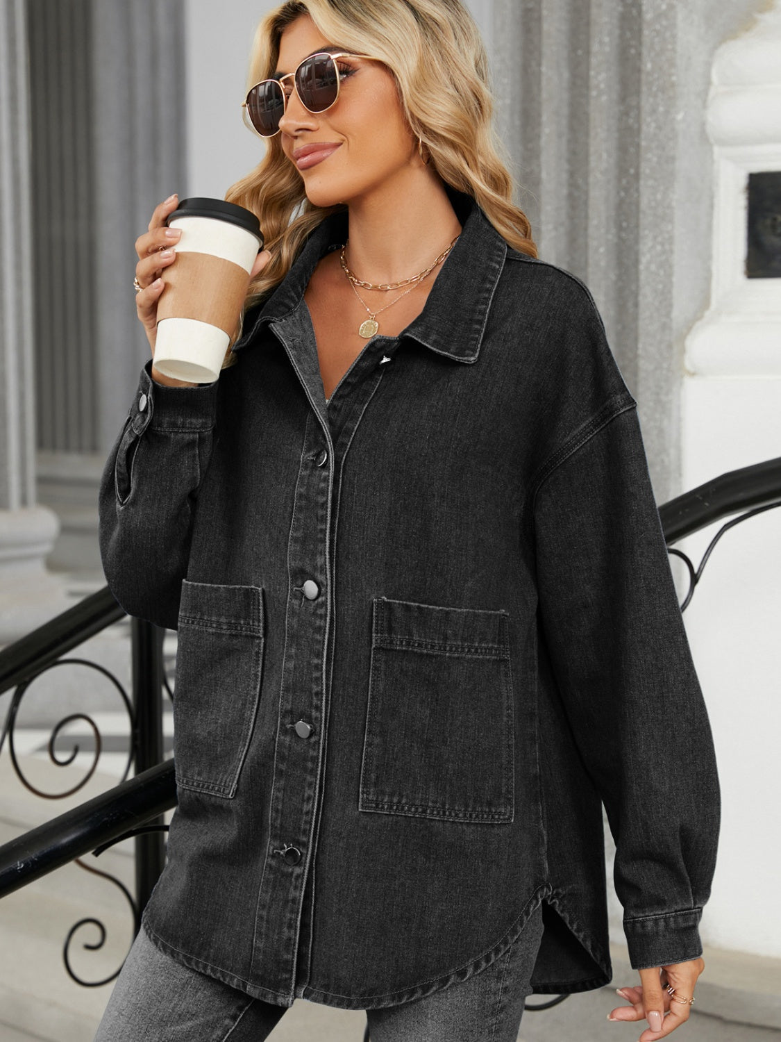 Claudine® | Long-sleeved denim jacket with detachable hood and button placket
