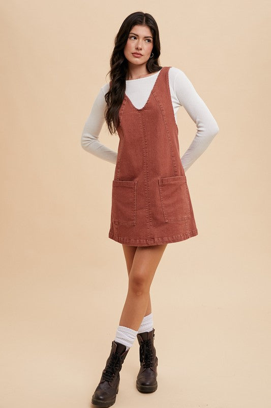 Arianna® | V-neck denim overall dress with adjustable straps and pockets