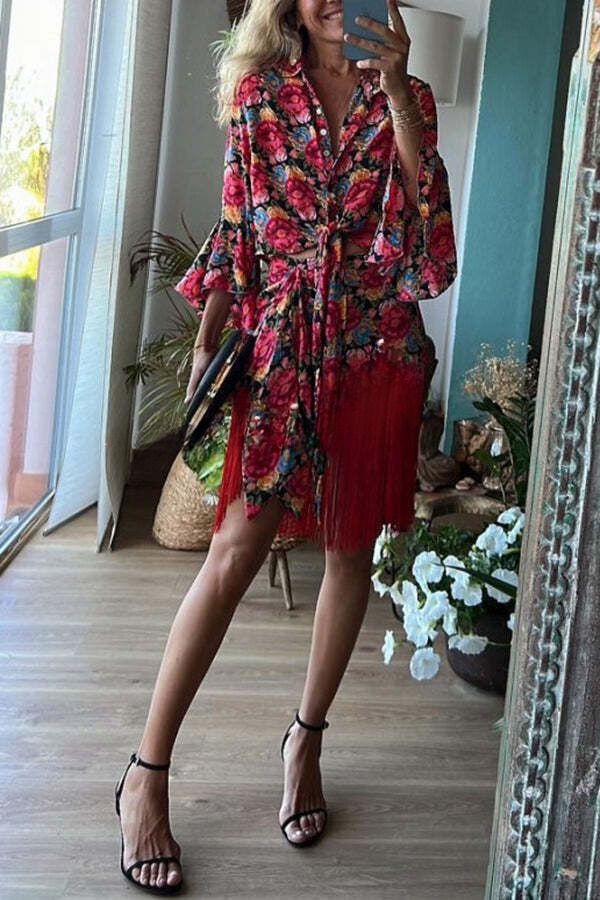 Denise® | Grace Given shirt with floral ruffles, bell sleeves and buttons at the waist