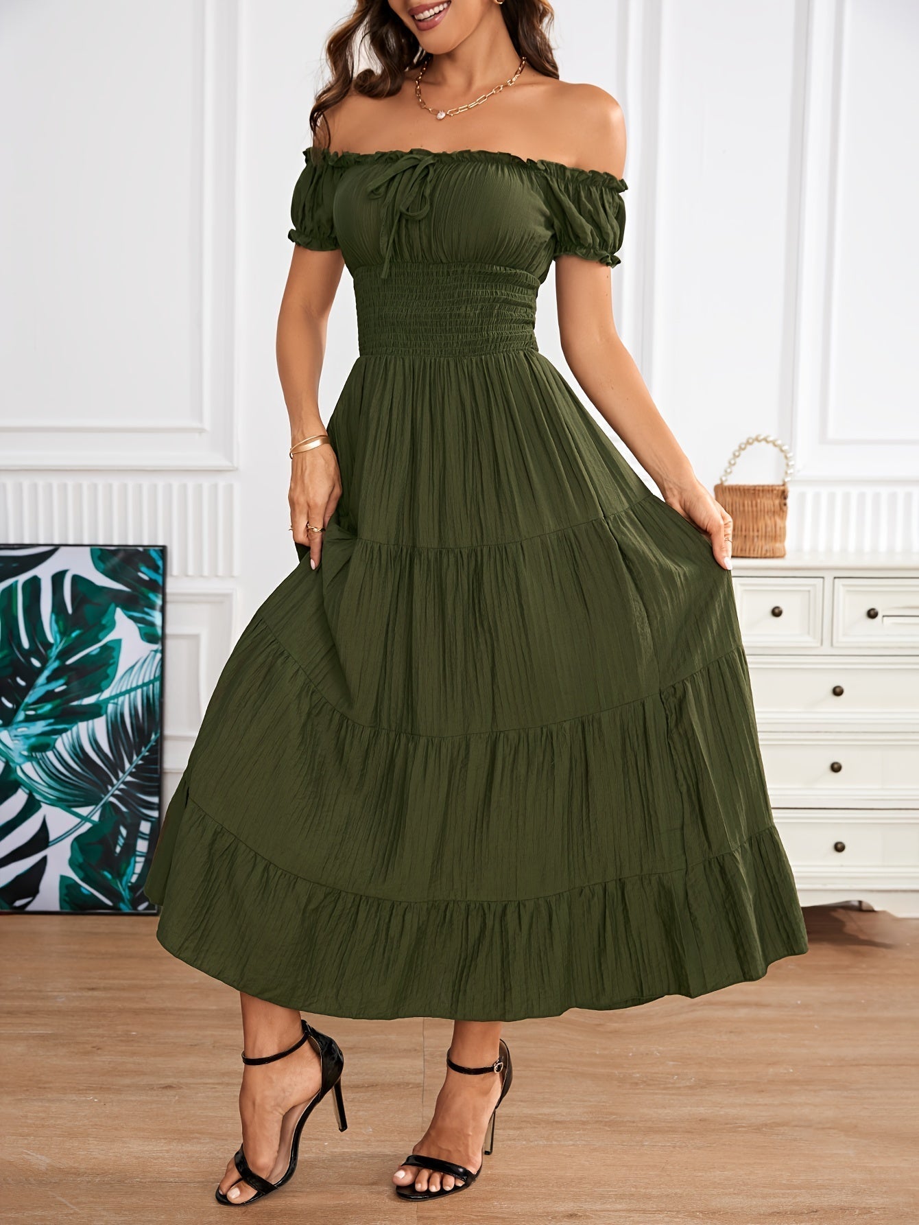 Amparo® | Elegant A-Line Maxi Dress With Off-Shoulder And Smocking