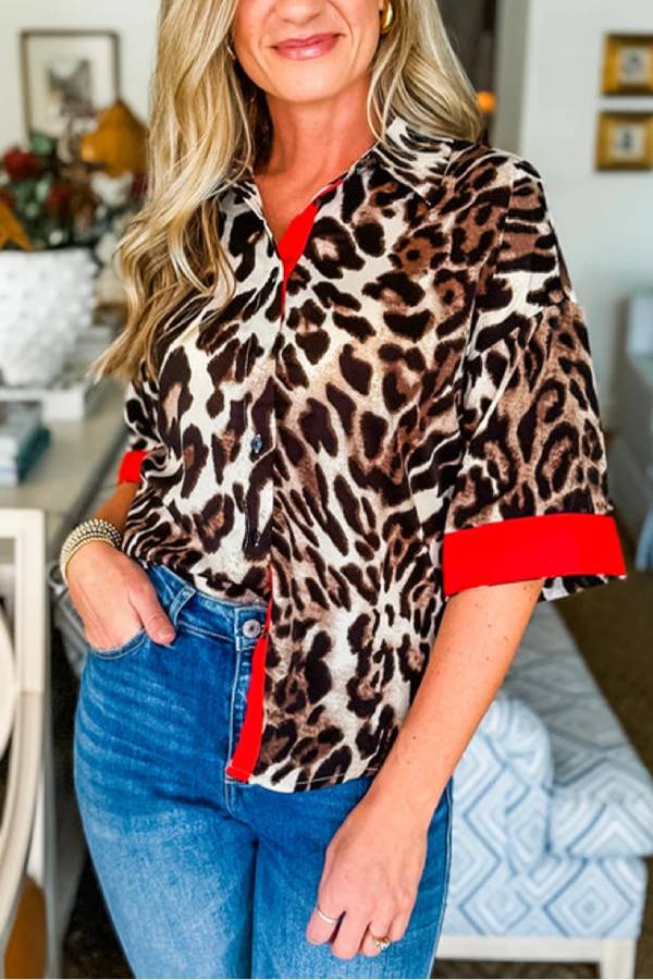 Athena® | Dark brown leopard print patchwork shirt