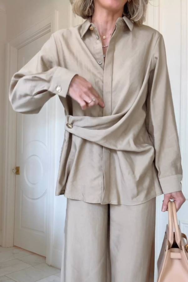 Diana® | Cross-waist shirt and wide-leg pants suit
