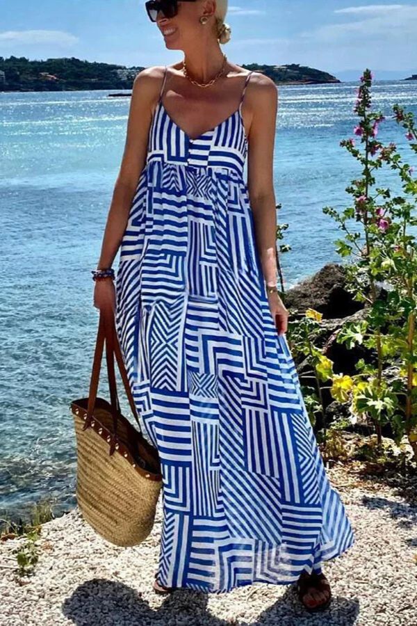 Brigida® | Sunday Blues Irregular Line Print Suspender Loose Fit Holiday Maxi Dress