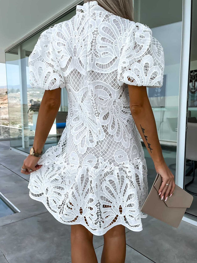 Elara® | Stylish puff sleeve lace dress for women