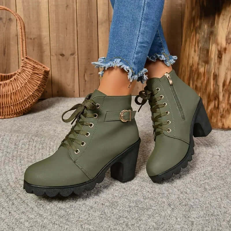 Women’s Ankle Boots – Lace-Up with Side Zipper – Buckle Strap – Block Heel – Rugged Sole