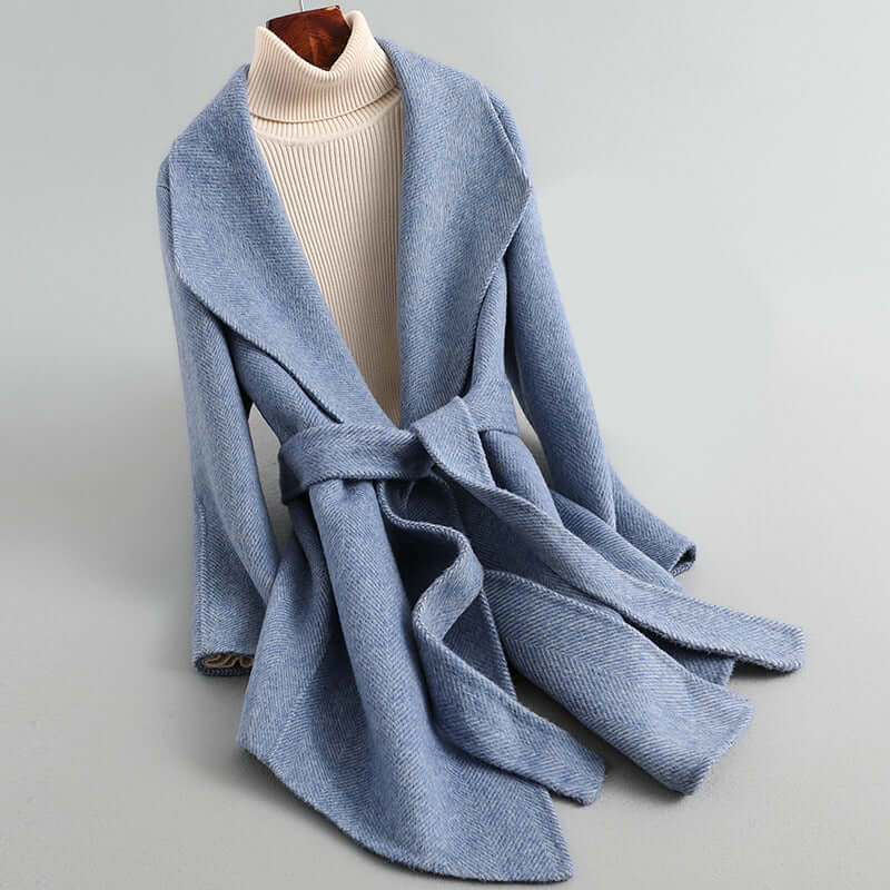 Women’s Double-Breasted Jacket – Tailored Fit – Wool Feel – Belted Mid-Length Style