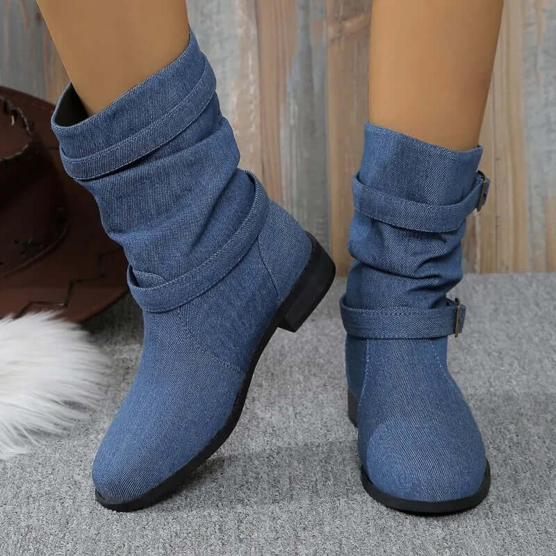 Women’s Ankle Boots – Slouchy Fit – Buckle Strap Detail – Flat Sole Casual Style