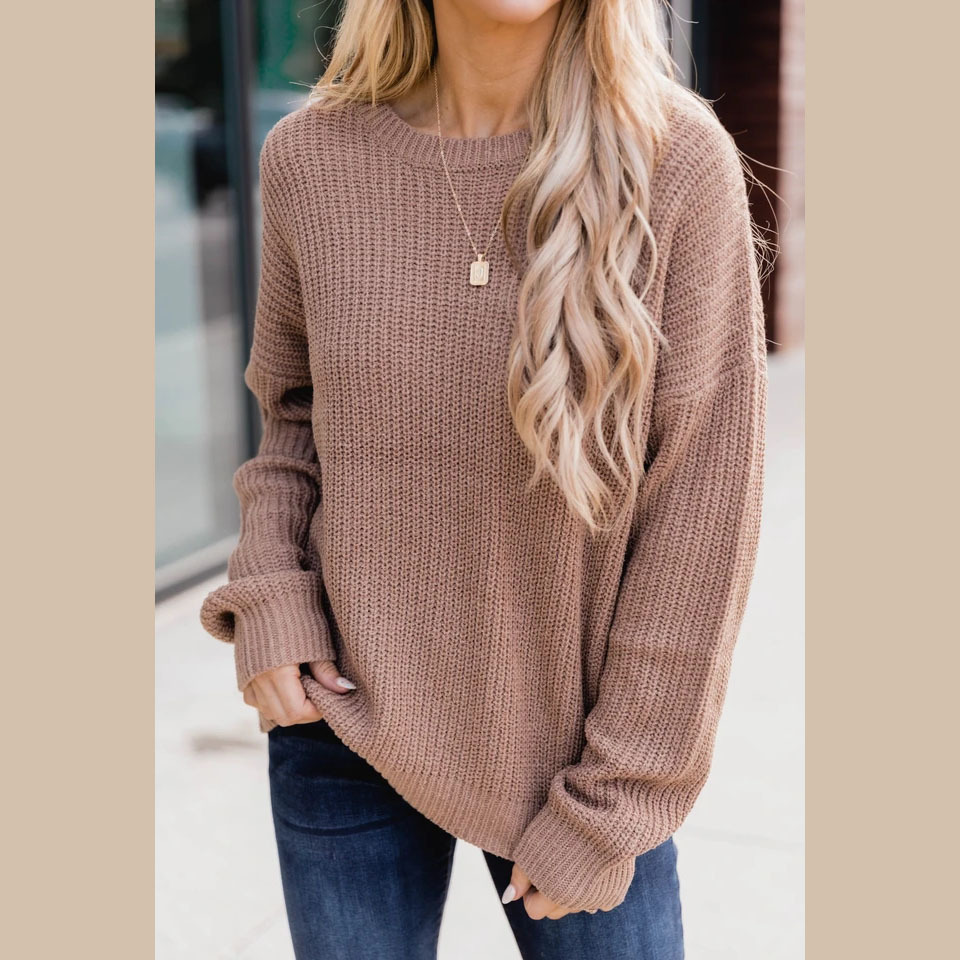 Women’s Knit Sweater – Ribbed Texture – Relaxed Fit – Crew Neck Long Sleeve