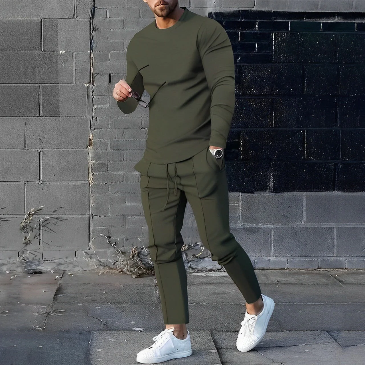 Men’s Tracksuit Set – Slim Fit – Cotton Blend – Crew Neck – Drawstring Waist