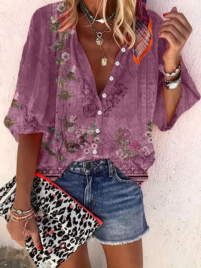 Brookelle® | Blouse With Floral Pattern And Button Placket