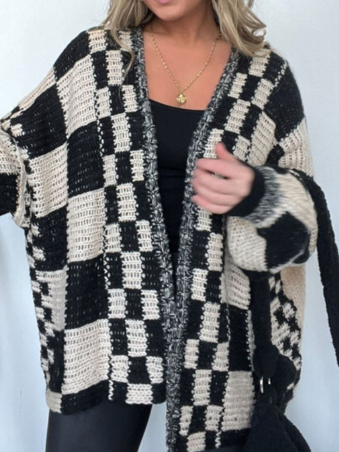 Celia® | Checked open front long sleeve cardigan
