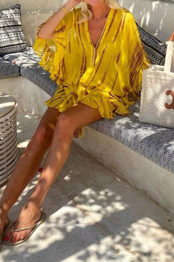 Clara® | Lemon flavor tie-dye ruffle kaftan mini dress with batwing sleeves and elastic waist