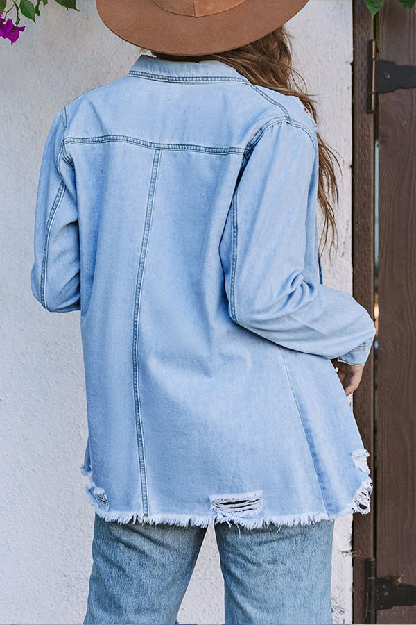 Clara® | Casual Ripped Raw Hem Button Up Denim Shacket