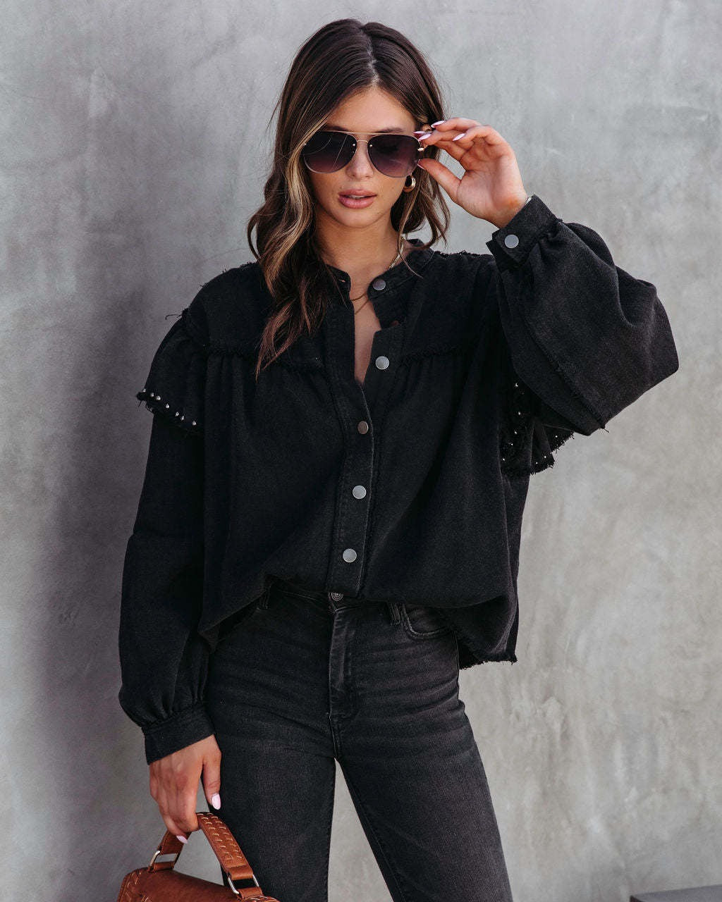 Breadon® | Denim Blouse With Pearls And Ruffle Sleeves