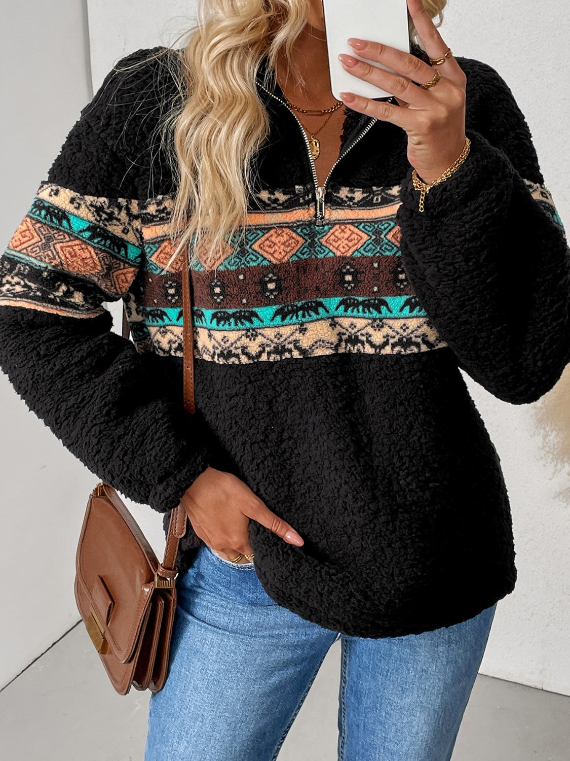Cristina® | Geometric quarter zip long sleeve sweatshirt