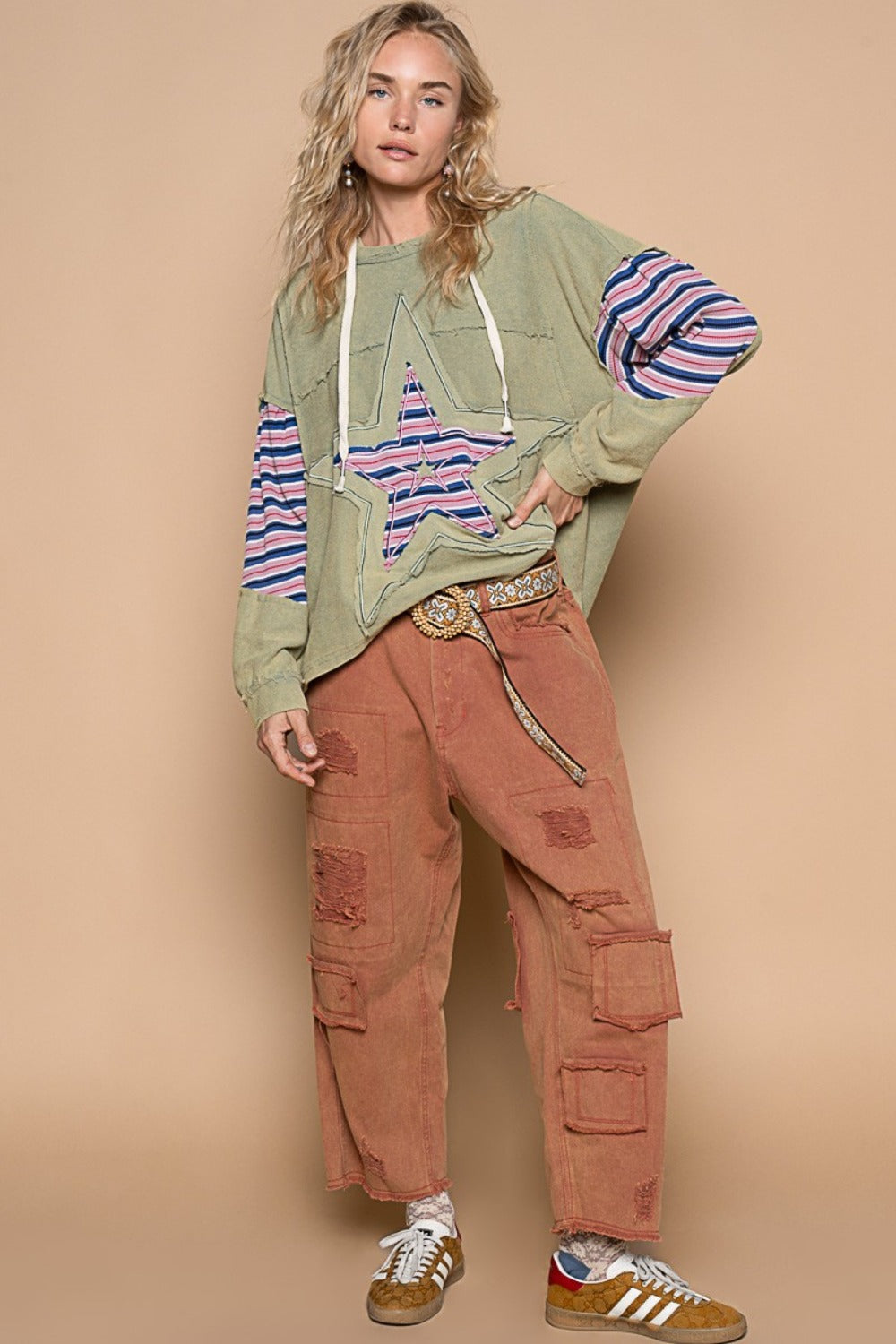 Carla® | French terry hoodie with star patchwork and raw edges