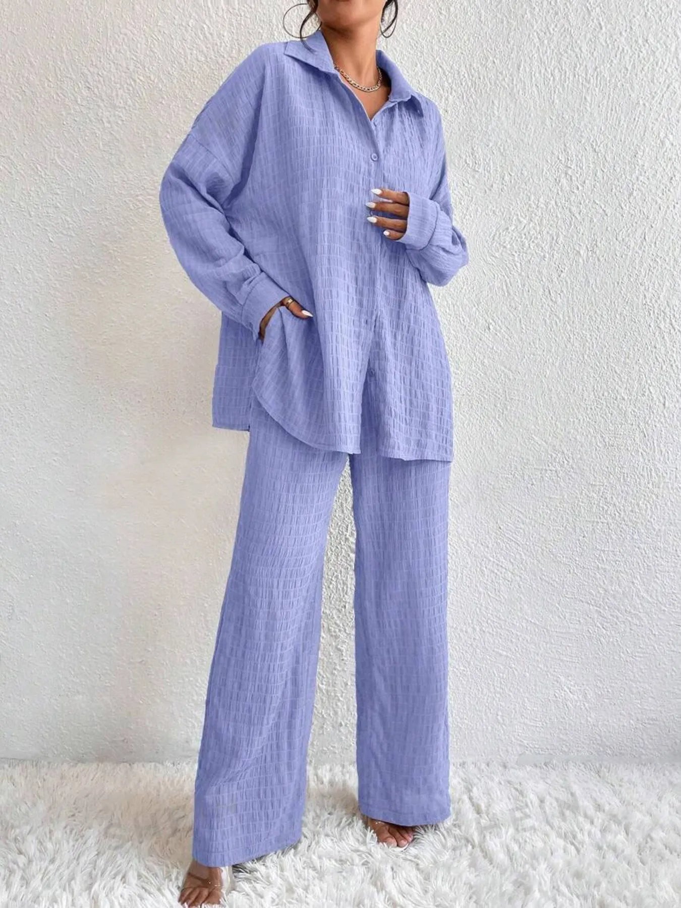 Elettra® | Elegant Long-Sleeved Button-Down Blouse And Pants Set