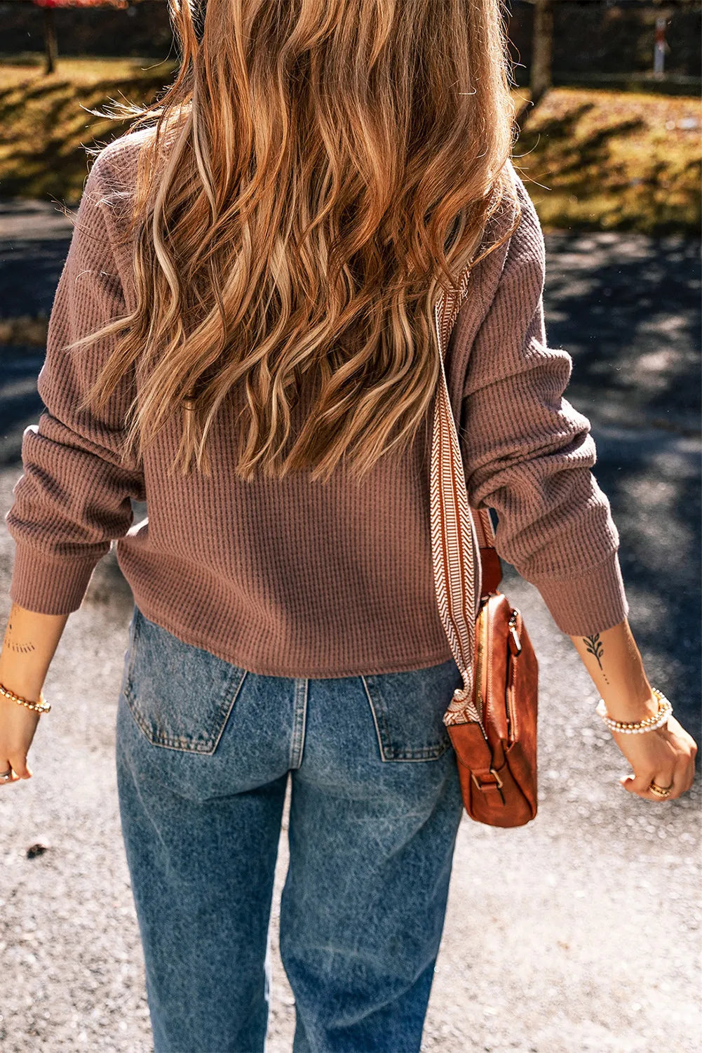Annabelle® | Waffle knit long sleeve blouse with a crew neck
