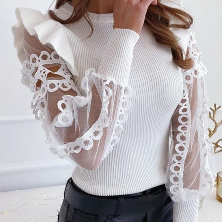 Aria® | Women's sweater with ruffle lace patchwork design
