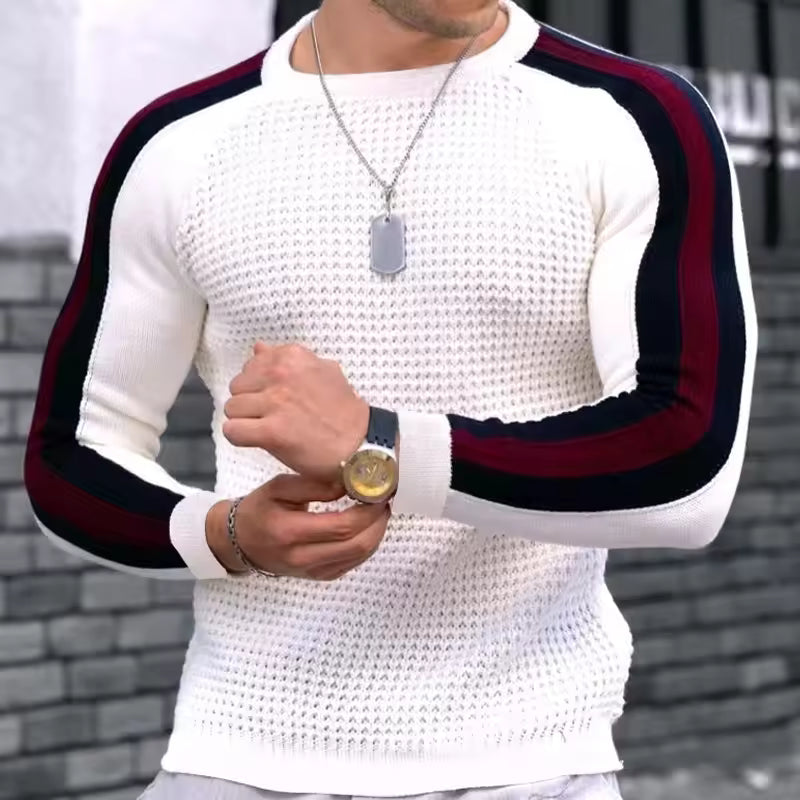 Men’s Sweater – Slim Fit – Wool Blend – Textured Knit – Ribbed Trim – Stripe Sleeve