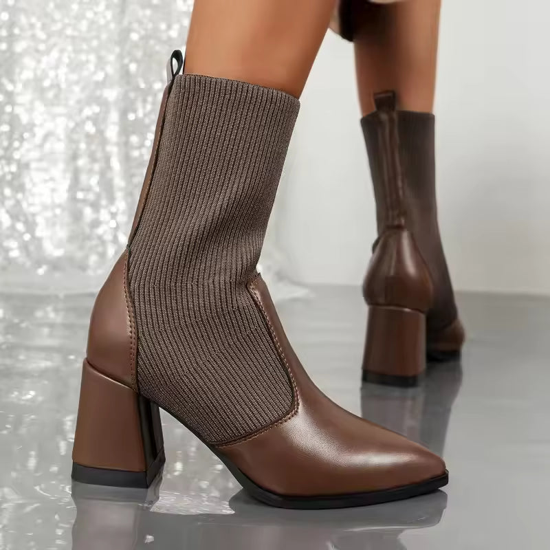Women’s Ankle Boots – Pointed Toe – Knitted Sock Upper – Block Heel – Sleek Fit