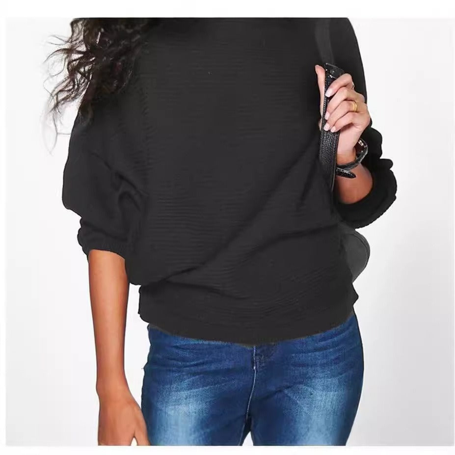 Women’s Sweatshirt – Relaxed Fit – Ribbed Knit – Boat Neck – Long Sleeve Casual Style