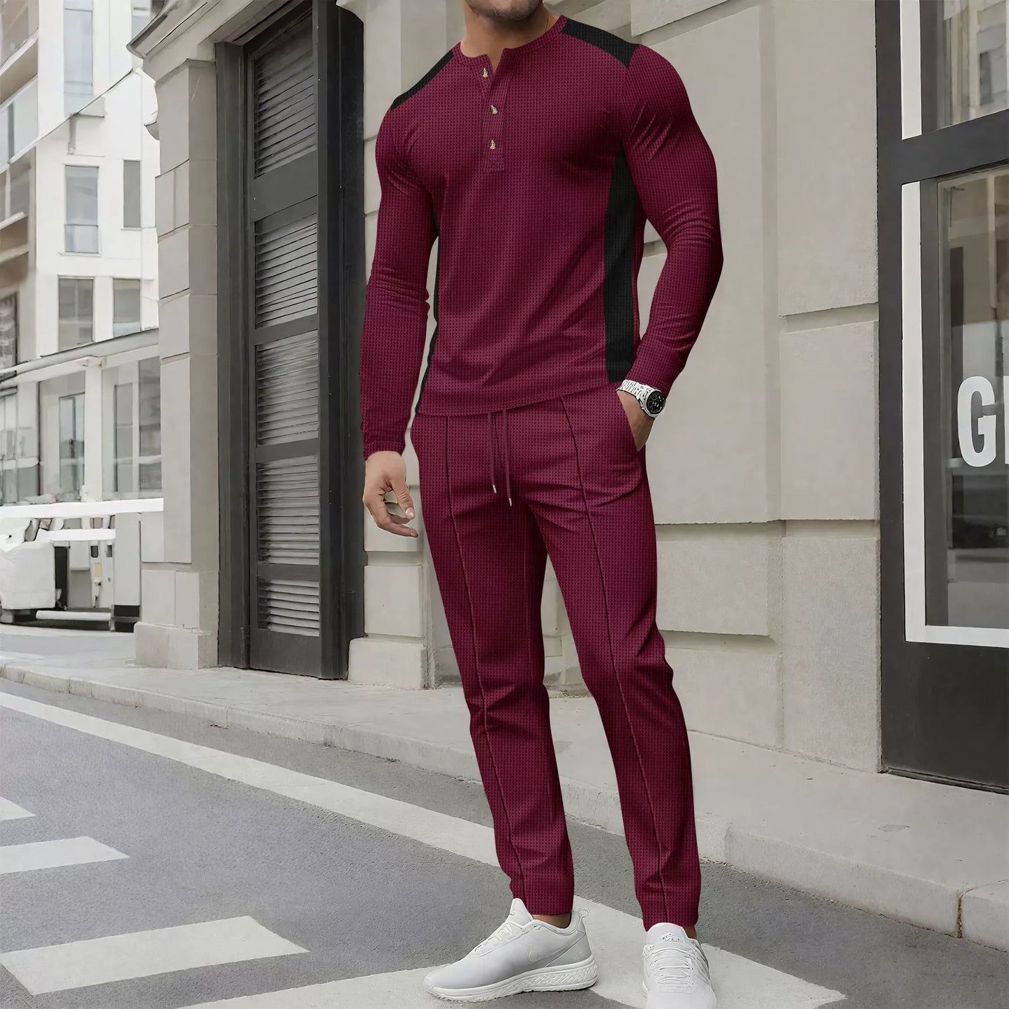 Men’s Two-Piece Set – Slim Fit Henley Shirt and Pants – Waffle Knit – Long Sleeve