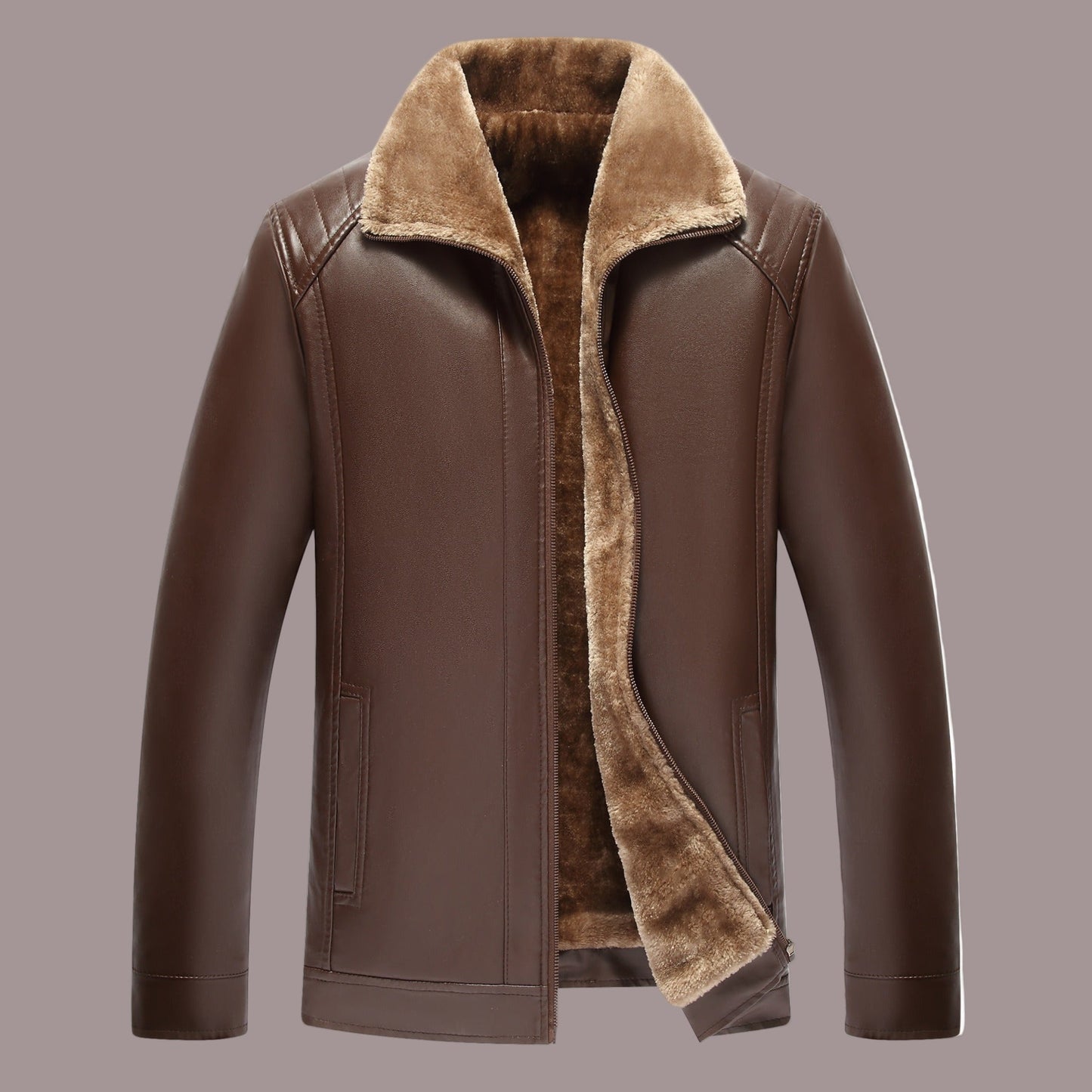 Men’s Leather Jacket – Structured Fit – Fuzzy Lining – Wide Collar – Zip Front