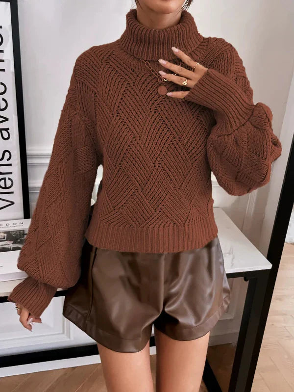 Women’s Pullover Sweater – Wool Knit – Oversized Fit – Turtleneck – Lantern Sleeve