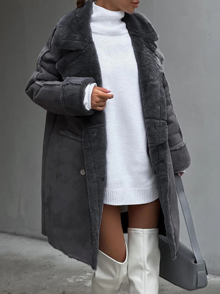 Women’s Coat – Faux Shearling – Oversized Fit – Double-Breasted – Knee Length