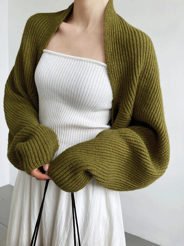 Women’s Shrug Cardigan – Wool Blend – Ribbed Knit – Open Front – Cropped Fit