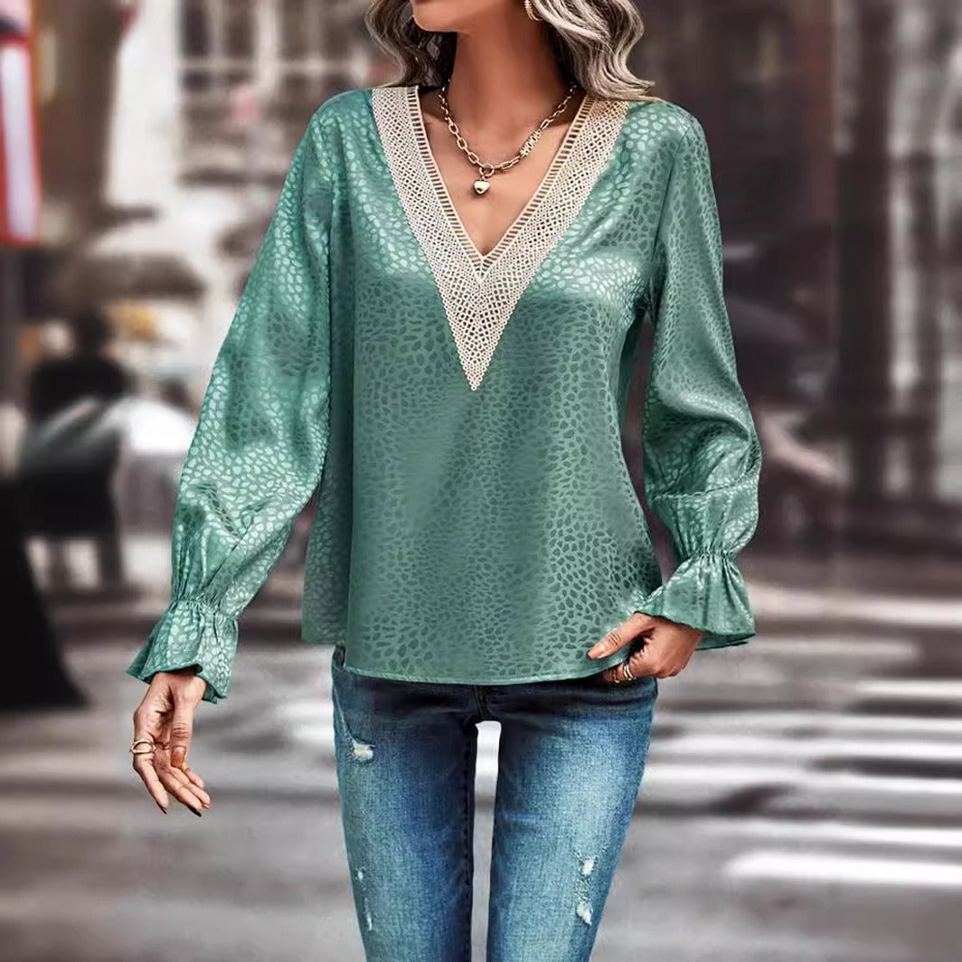 Women’s Pullover Shirt – Jacquard Texture – Lace V-Neck – Flared Cuffs – Relaxed Fit