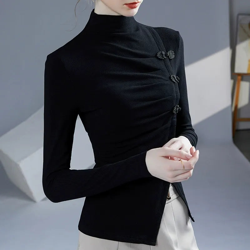 Women’s Blouse – Slim Fit – Ribbed Texture – High Neck – Button Side – Slit Hem