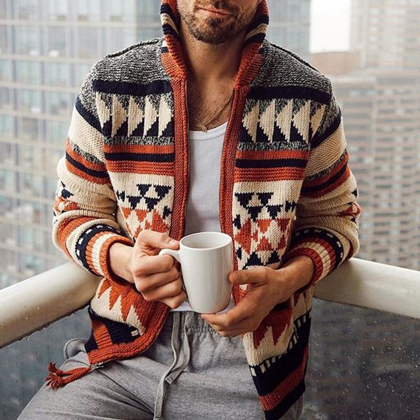 Men’s Cardigan – Wool Knit – Relaxed Fit – Full Zip – Geometric Pattern – Ribbed Trim
