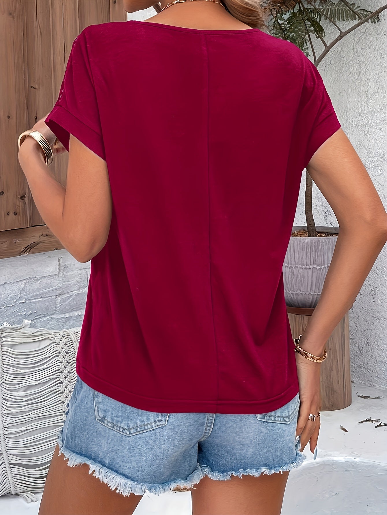 Ceres® | Trendy Bordeaux T-Shirt With Lace Trim And Batwing Sleeves