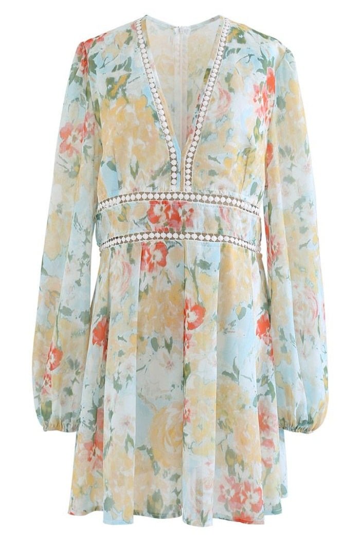 Dulce® | Printed mini dress with V-neck and lace workmanship