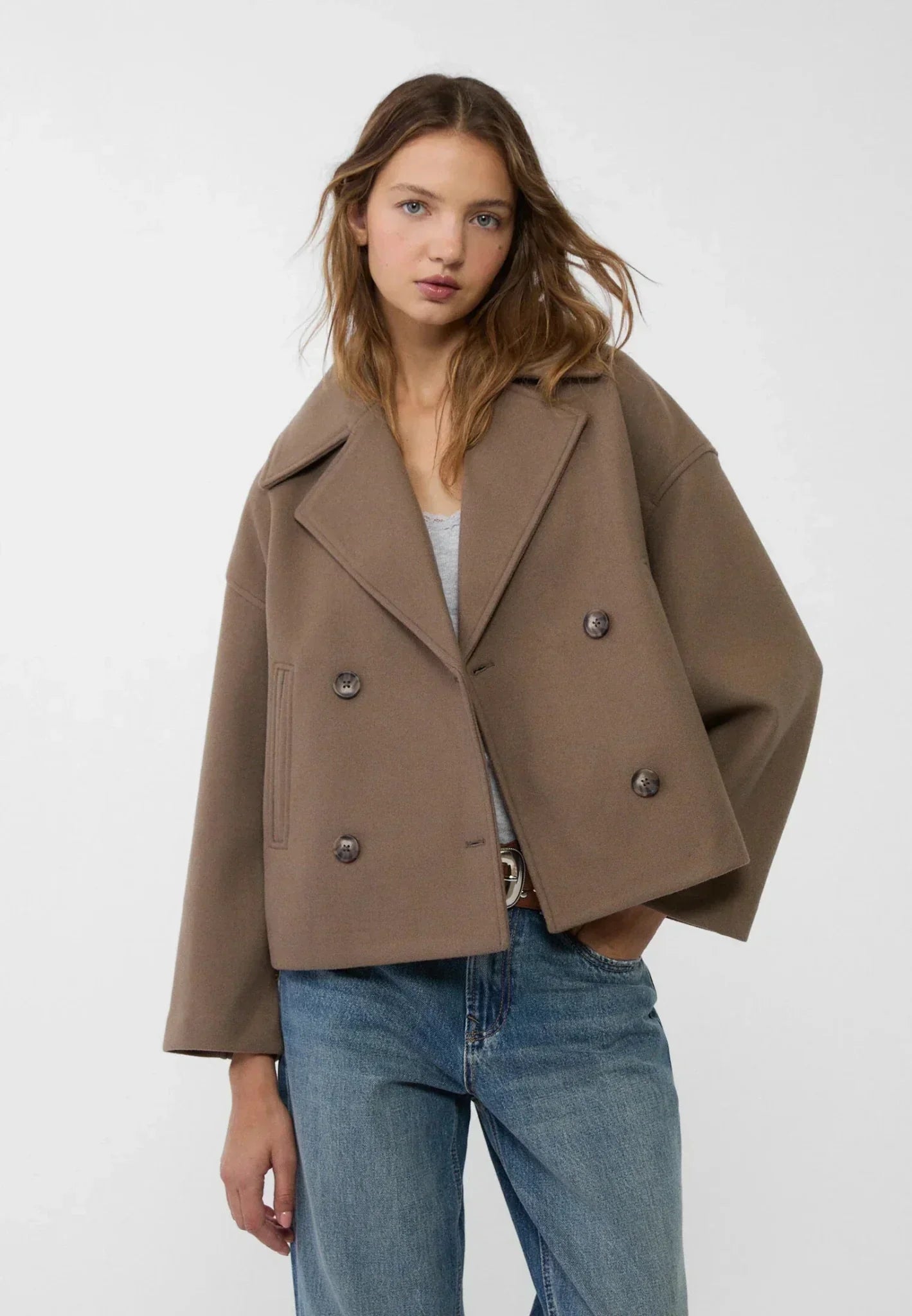 Amanda | Double-Breasted Cropped Jacket - Wool Look - Oversized Fit