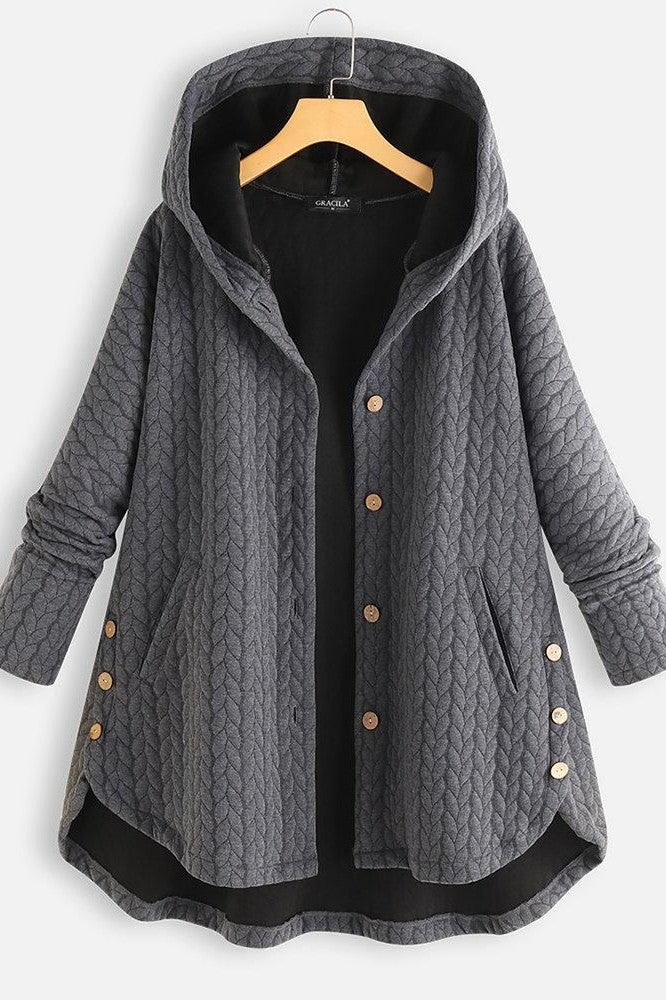 Women’s Hooded Coat – Oversized Fit – Quilted Chevron – Button Down – Side Pockets