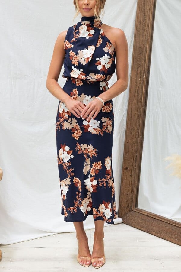 Aella® | Elegant satin dress with high collar blue and large floral pattern