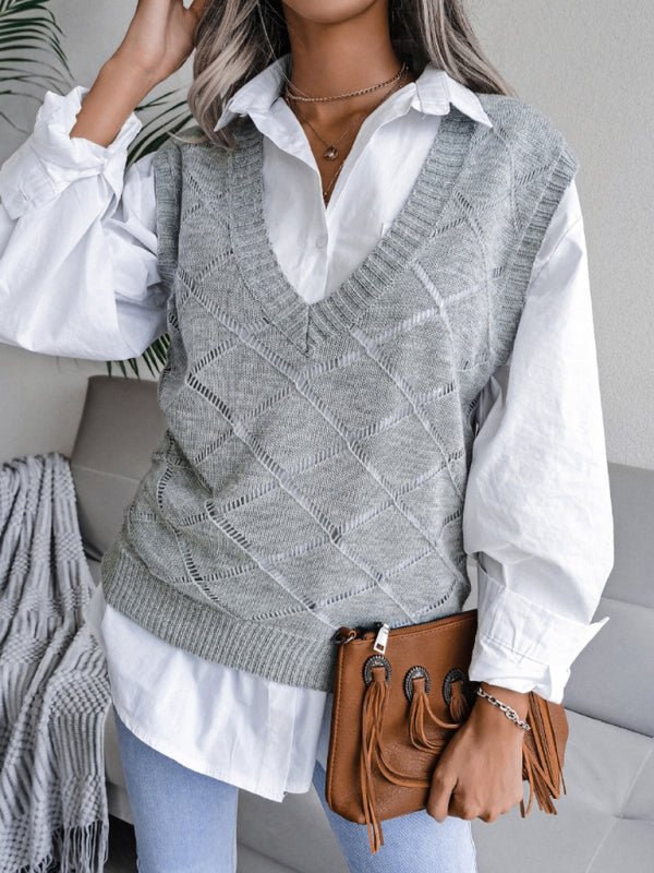 Elena® | Women'S V-Neck Hollow Diamond Casual Knitted Vest Sweater