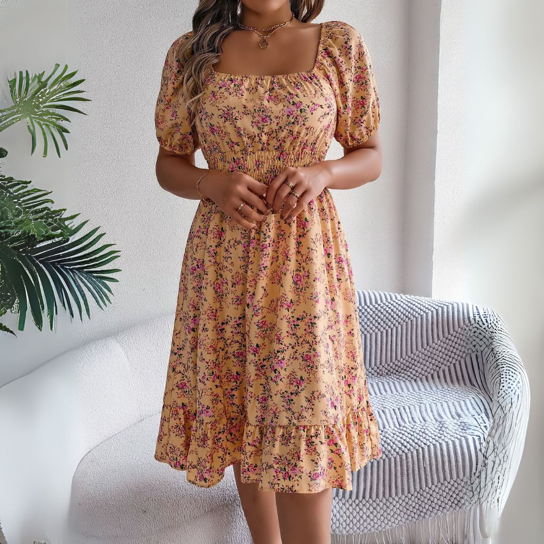 Vestea | Elegant Floral Midi Dress with Puff Sleeves